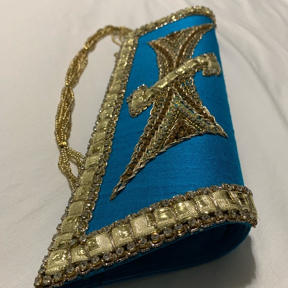 Blue & Gold South Asian Inspired Clutch- Raw Silk - Picture 11 of 12